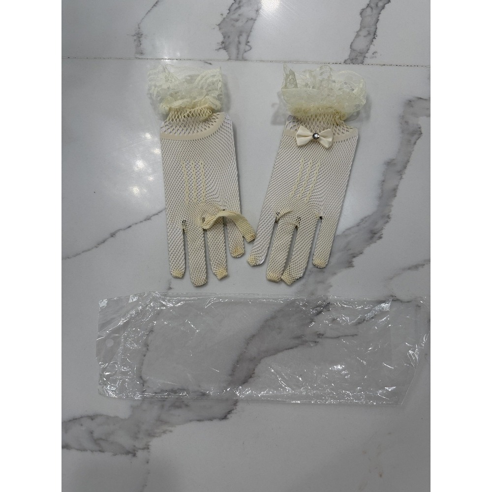 Gloves Girls One Size White Lace Fishnet Bow Fingerless Dress Spring Communion